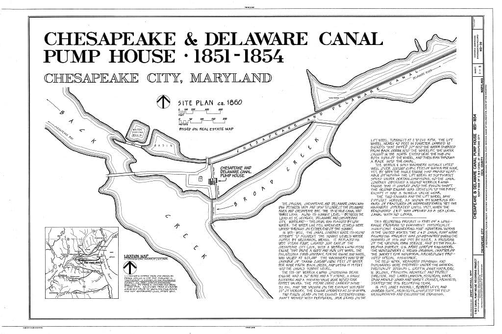 A measured drawing sheet of the Chesapeake & Delaware Canal pump house, with a site plan, written history, and title block.
